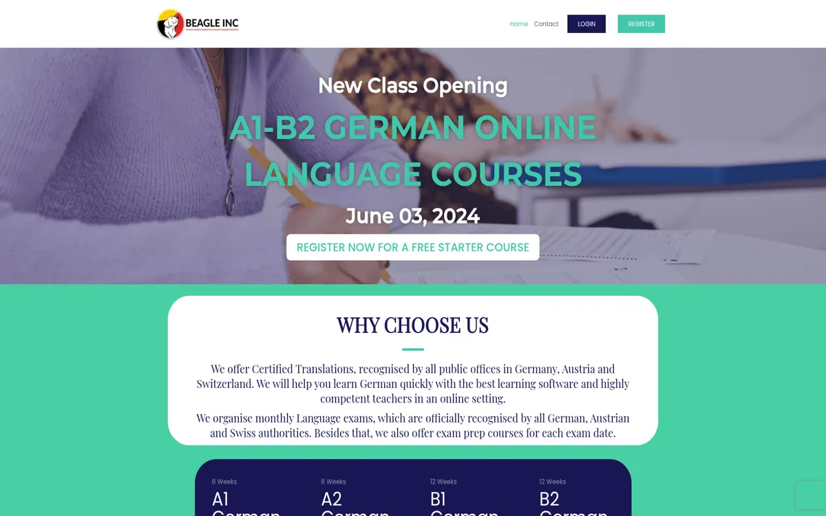 Homepage of the Beagle Academy website