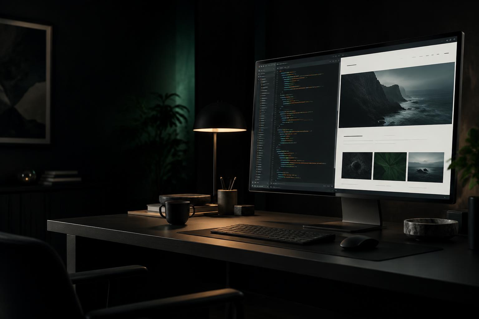 A web development workspace with code and a website design on screen