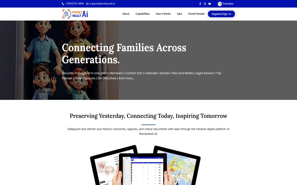 Homepage of the Family Vault AI website