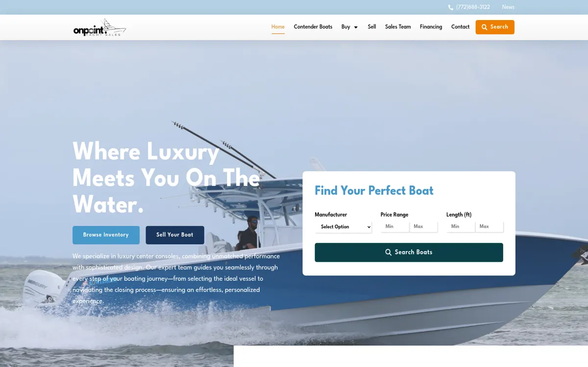Homepage of the On Point Yacht Sales website