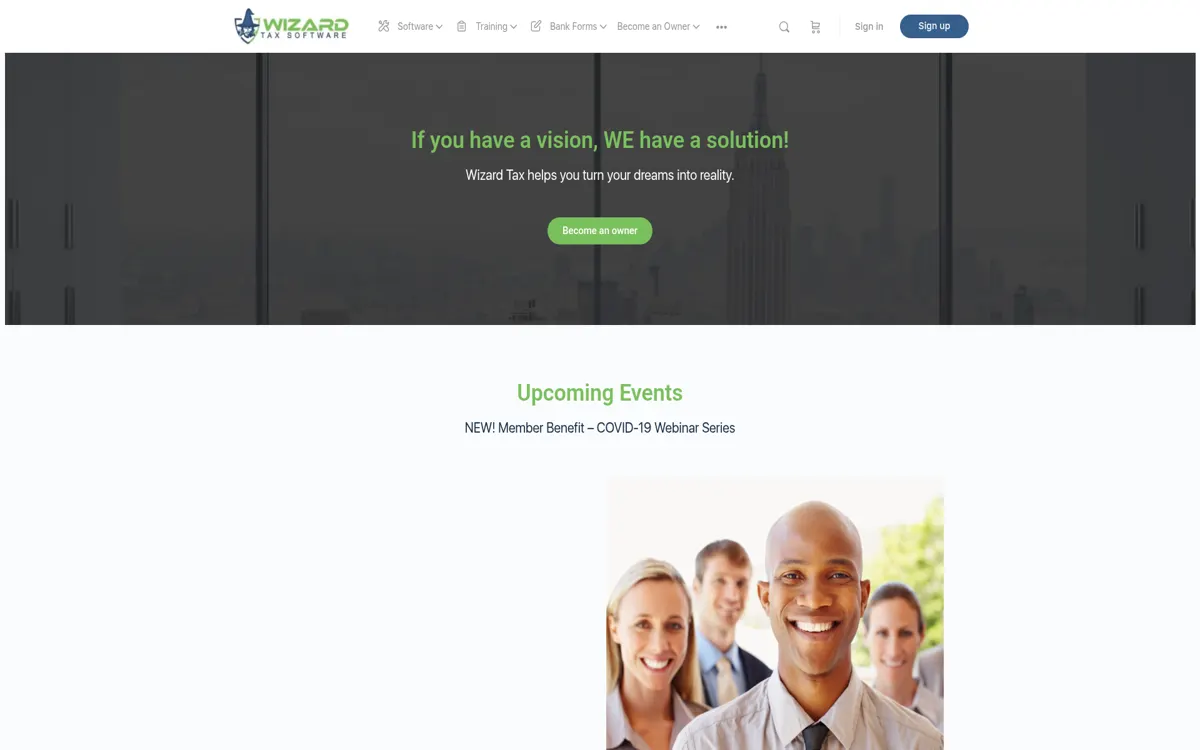 Homepage of the Wizard Tax Software website